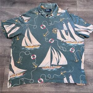 Vintage 90s Polo Ralph Lauren Shirt Mens XXLGreen All Over Sailboat Anchor Print